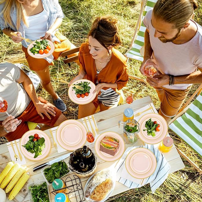 GATHER 700PCS Pink Plastic Plates - Gold Rim Disposable Plastic Dinnerware Set Include 200 Pink Plates, 300 Silverware, 100 Napkins, 100 Cups for Party & Wedding & Baby Shower