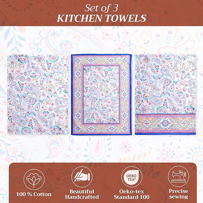 Maison d' Hermine Kitchen Towels Set of 3 100% Cotton 27.50" x 20" Reusable Cloth Tea Dish Towels Absorbent with Hanging Loop for Kitchen Farmhouse Hotel Spring Summer - Indian Floral