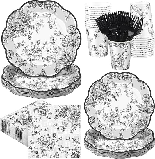 Kochorie 144 Pieces Black Floral Paper Plates and Napkins Party Supplies, Black and White Flower Tableware Set Include Vintage Scalloped Plates Napkins Cups Forks for Wedding Birthday Tea Party