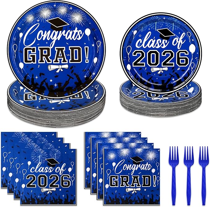 100 Pcs Graduation Plates and Napkins, 2026 Blue Graduation Disposable Plates and Napkins Party Supplies Set Serves 25, Blue Disposable Dinnerware Set for 2026 Decorations Grad Party