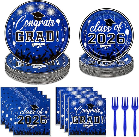 100 Pcs Graduation Plates and Napkins, 2026 Blue Graduation Disposable Plates and Napkins Party Supplies Set Serves 25, Blue Disposable Dinnerware Set for 2026 Decorations Grad Party