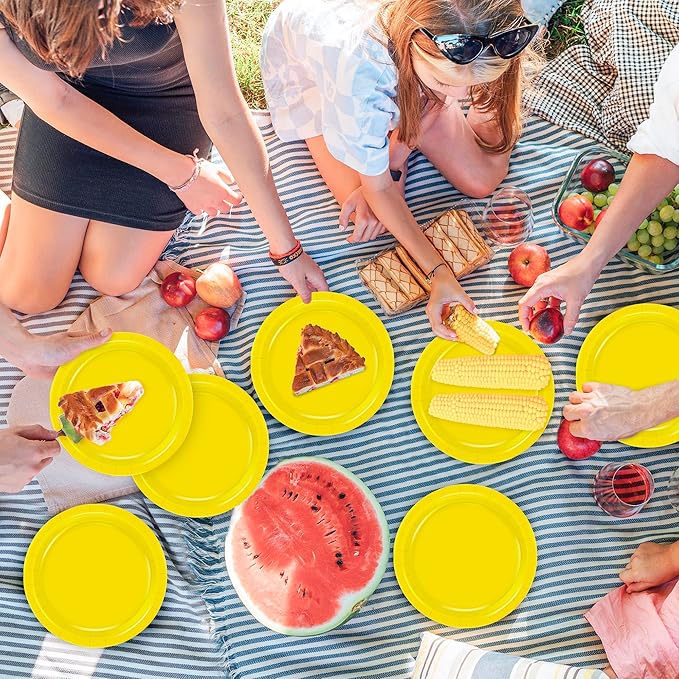 QZYL 50 Pieces Small Paper Plates, 7 Inches Yellow Dessert Dinnerware, Elegant Disposable Tableware Set, Paper Plates Heavy Duty, Party Supplies for Birthday Parties BBQs Picnics Events Gatherings