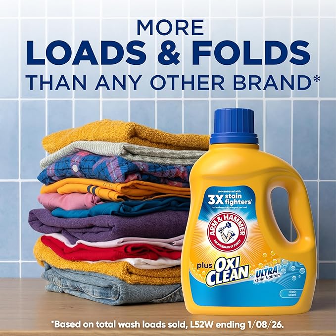 ARM & HAMMER Plus OxiClean Ultra Stain Fighters Liquid Laundry Detergent, Stain Remover for Clothes, Fresh Scent, 74 Loads, 96.2 Fl Oz