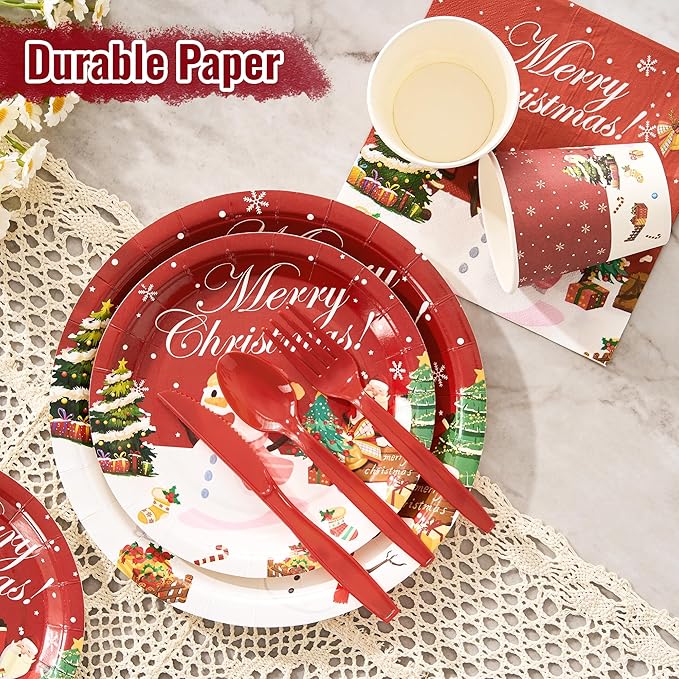 Fijinhom Christmas Paper Plates Set, 350 PCS Santa Gifts and Snowman Party Supplies, Disposable Dinnerware Set for 50 Guests, Paper Plates Napkins Cups for Christmas Eve