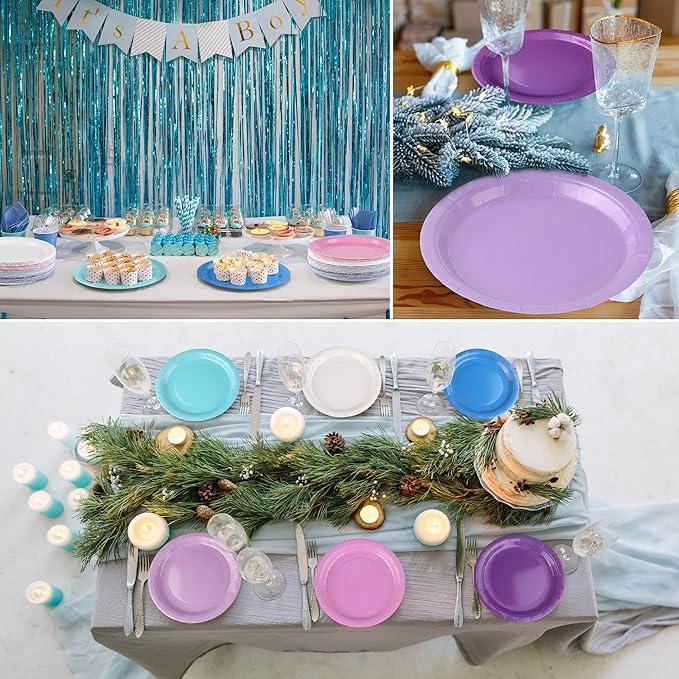 Kochorie 60 Pieces Winter Frozen Paper Plates 9 Inch Blue and Purple Heavy Duty Disposable Dinner Plates, Solid Color, Winter Tableware Set for Birthday Bridal Baby Shower Wedding Party Decor
