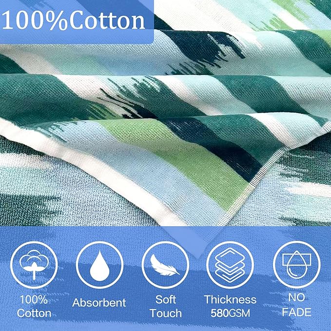 VOOVA & MOVAS Hooded Poncho Towel for Teens Unisex 100% Cotton Trendy Stylish Beach Pool Swim Cover Up Green Blue Geometric Pattern