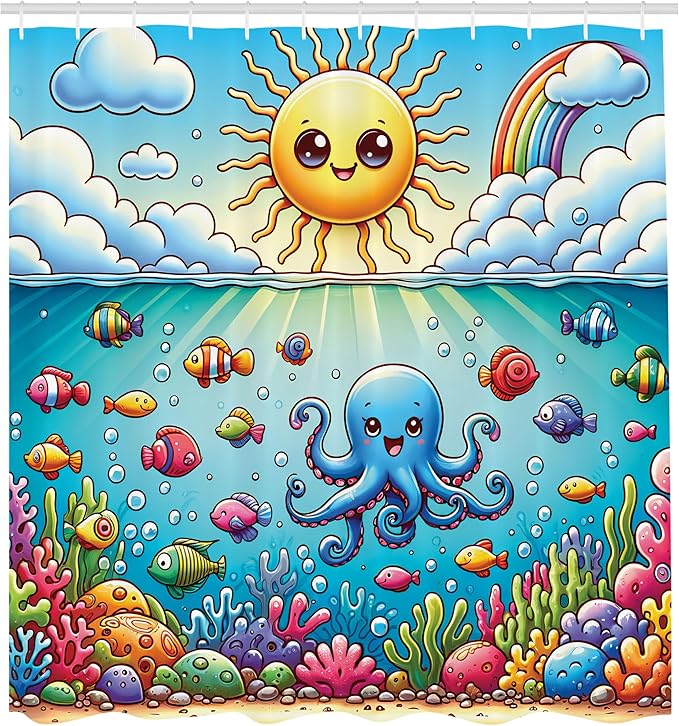 Ambesonne Ocean Shower Curtain, Nautical Happy Sun Octopus and Fish Characters with Cloudy Sea Scenery, Cloth Fabric Bathroom Decor Set with Hooks, 69" W x 75" L, Mustard Blue Multicolor