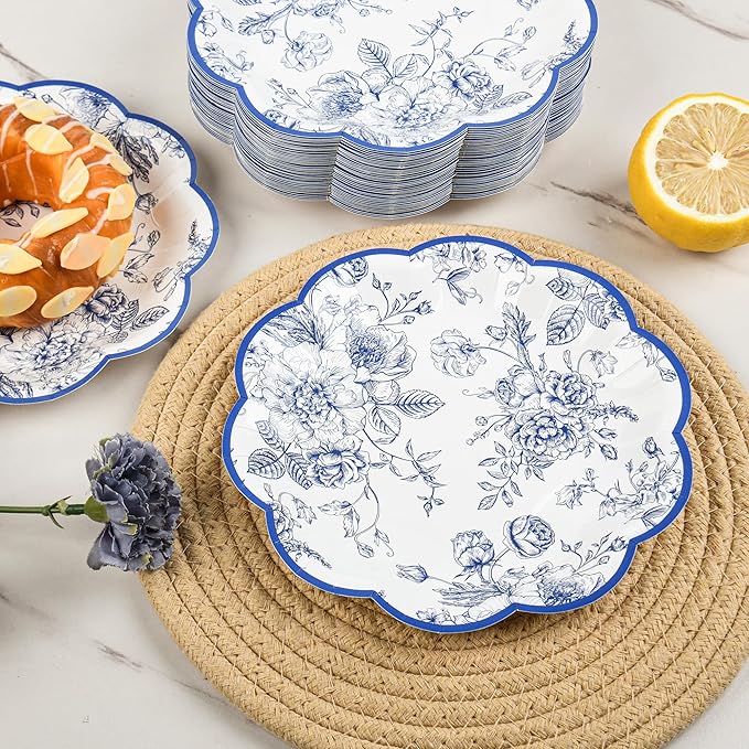 48 Pcs Blue Floral Party Plates Vintage Floral Leaf Disposable Paper Plates Wildflower Blue Toile 7" Scalloped Rim Dessert Plates for Birthday Bridal Garden Tea Party Supplies