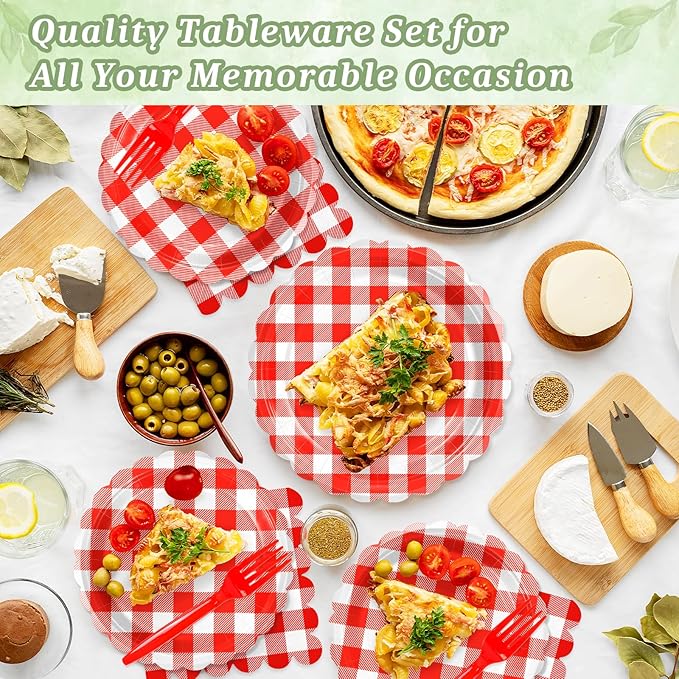 Mulbozy 100 Red Gingham Plates and Napkins Disposable Set Includes 25-9" & 25-7" Dessert Cake Scalloped Plates, Cocktail Napkins, Forks for for Holiday Party Supplies