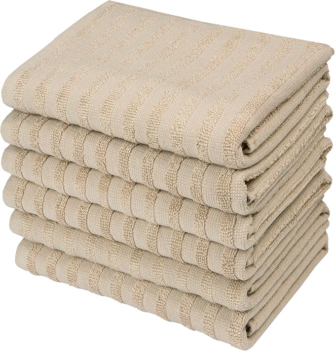 Premium Kitchen Towels (20”x 28”, 6 Pack) | Large Cotton Dish Towels 450 GSM | Highly Absorbent Terry Kitchen Linen Set with Hanging Loop | Tan Solid