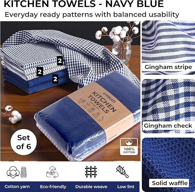 Cotton Dish Towels For Kitchen Drying - Highly Absorbent Navy Blue Striped Gingham Plaid Tea Towels - 18"X28" Set Of 6 Farmhouse Linen Dishtowels In Bulk - Pano De Prato Para Cozinha - T Towles Towls