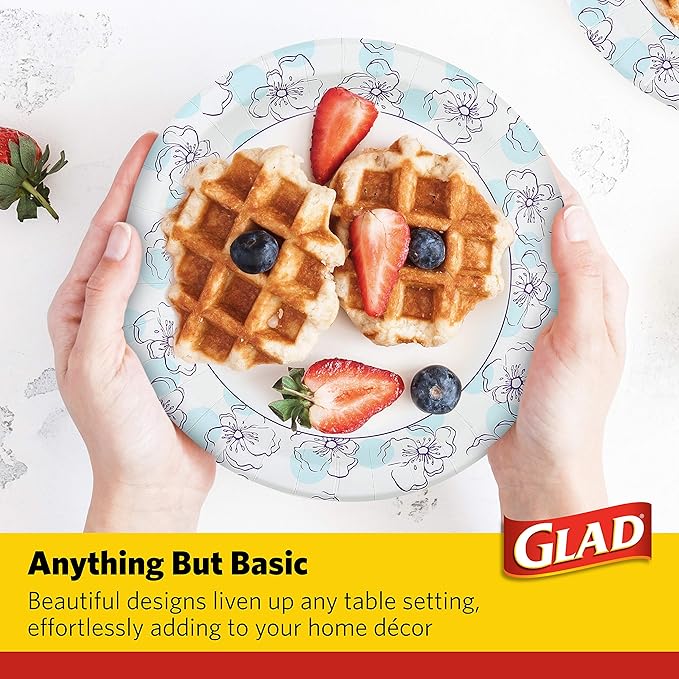 Glad Round Disposable Paper Plates, Blue Flower Design, Heavy Duty Soak Proof Cut Resistant Microwave Safe Plates for Meals, Parties, Picnics, and Events, 10 Inch, 50 Count