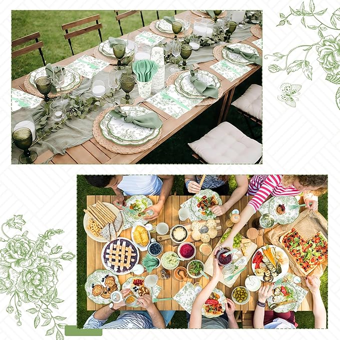 Kochorie 144 Pieces Sage Green Floral Paper Plates and Napkins Party Supplies Sage Green and White Flower Tableware Set Include Vintage Scalloped Plate Napkin Cups Forks for Wedding Birthday Tea Party