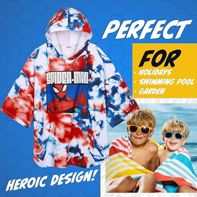 Marvel Spiderman Kids Changing Robe, Hooded Towel Poncho Boys Girls, Avengers Wearable Towel for Swim Surf, Gifts for Kids (Multi Spiderman, 6-9 Years)