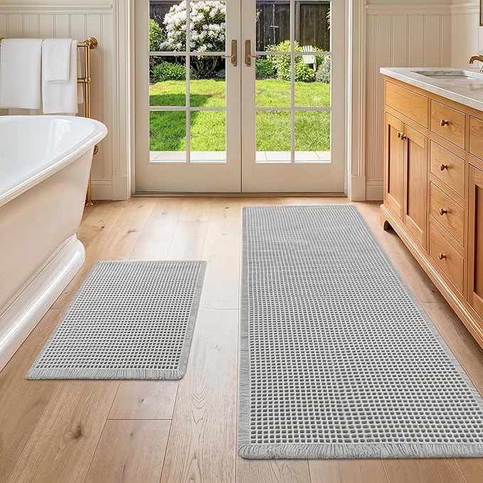DWCN Set of 2 Waffle Bathroom Mats, Non Slip Bath Rug Set for Bathroom Floor, Super Absorbent Shower Mats for Tub, Washable Kitchen Rugs for Farmhouse Boho Home Decor, 16" x 24" Plus 24" x 60", Grey