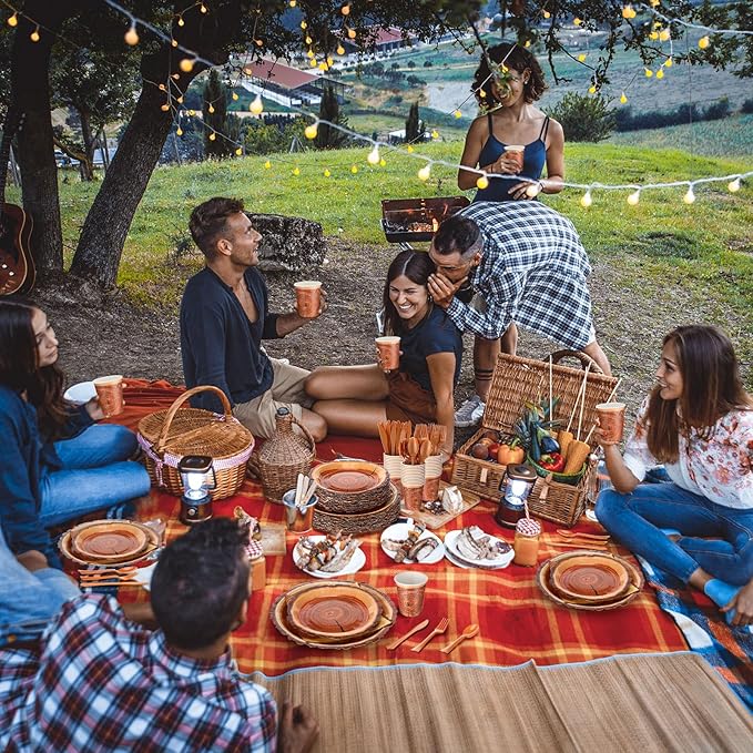 FillTouch 350 Pcs Camping Wood Grain Slice Party Supplies Set Rustic Camo Hunter Disposable Paper Plates Napkins Cups Cutlery Hunting Knives Fork Spoon for 50 Guests Camping Party Baby Shower Birthday