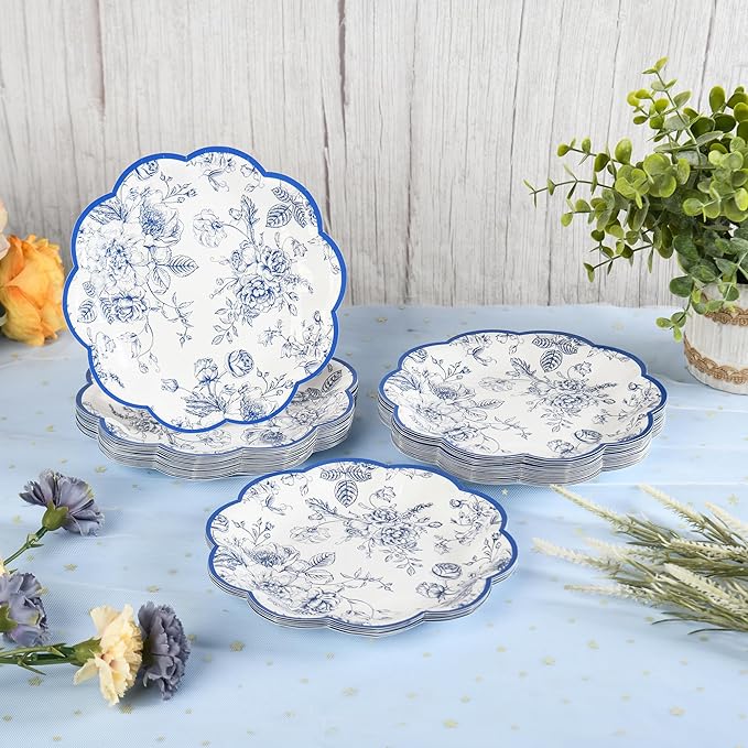 48 Pcs Blue Floral Party Plates Vintage Floral Leaf Disposable Paper Plates Wildflower Blue Toile 7" Scalloped Rim Dessert Plates for Birthday Bridal Garden Tea Party Supplies