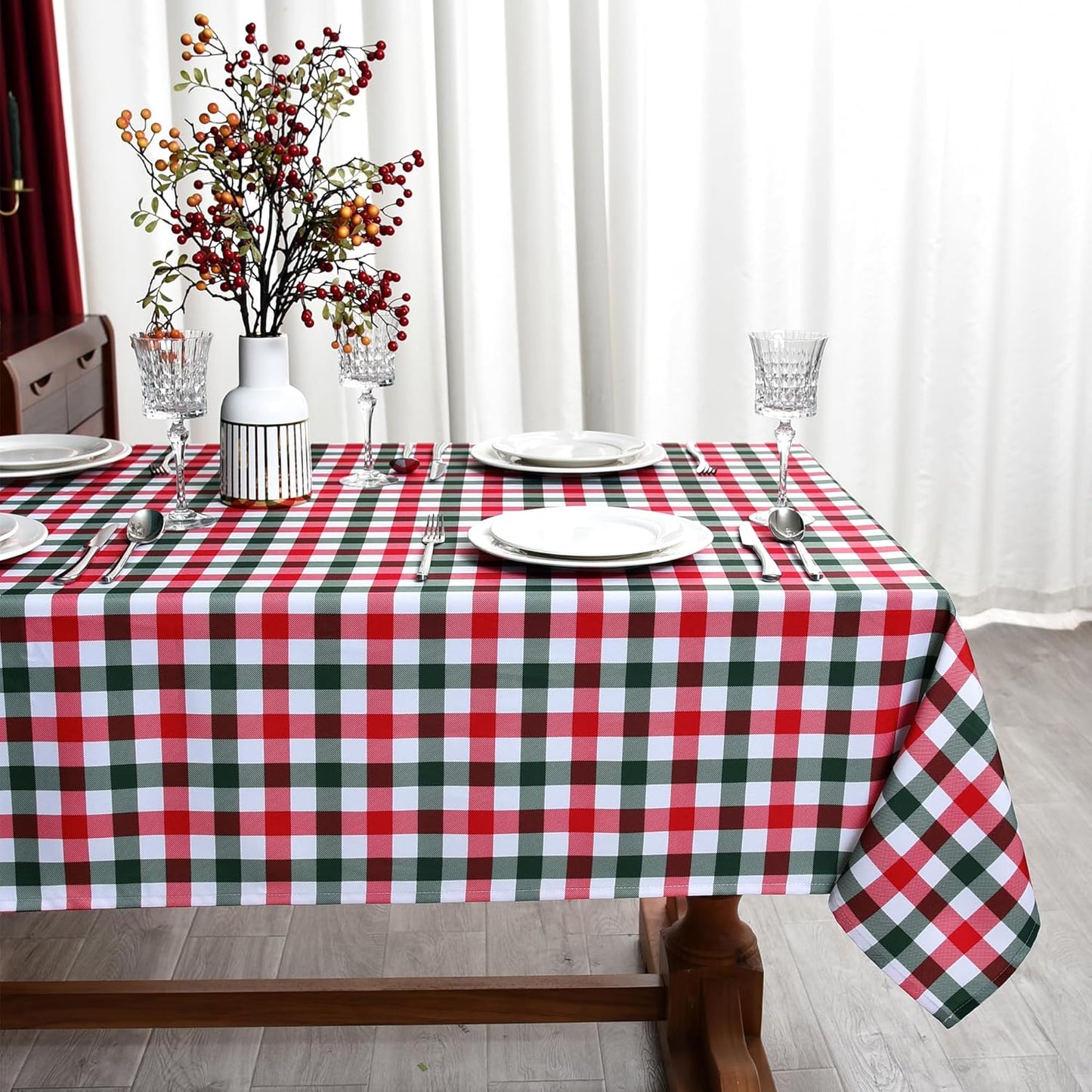 Gingham Xmas Tablecloth Fabric - Oblong 58x120 Water Resistant Christmas Plaid Table Cloth for Indoor/Outdoor Use - Red Tabletop Cover Perfect for Birthday, Picnics, Gardens