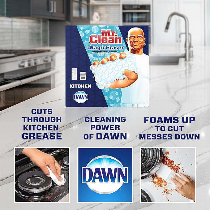 Mr Clean Magic Erasers with Dawn, Bathroom, Shower, and Oven Cleaner, Cleaning Pads with Durafoam, 4 Count