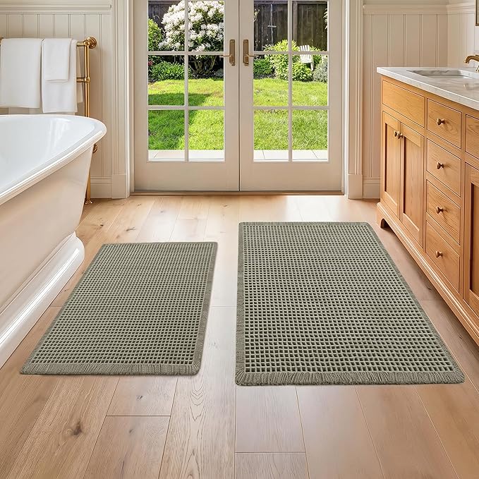 DWCN Set of 2 Waffle Bathroom Mats, Non Slip Bath Rug Set for Bathroom Floor, Super Absorbent Shower Mats for Tub, Washable Kitchen Rugs for Farmhouse Style, 20" x 32" Plus 24" x 48", Olive Green