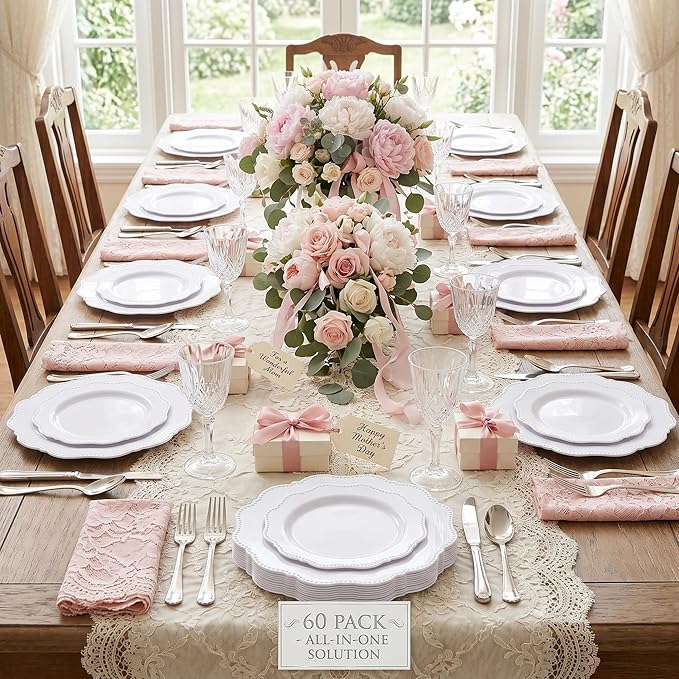 COLOSUS 60PCS White Plastic Plates-Fancy Plastic Beaded Plates,Plastic Premium Hard Plastic Plates for Party, Elegant White plates,Include10.5 Dinner plates & 8.25" Dessert plates for Mother's Day