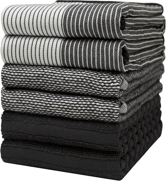 Premium Kitchen Towels (20”x 28”, 6 Pack) | Large Cotton Dish Towels | Flat & Terry Highly Absorbent Kitchen Linen Set with Hanging Loop | Black