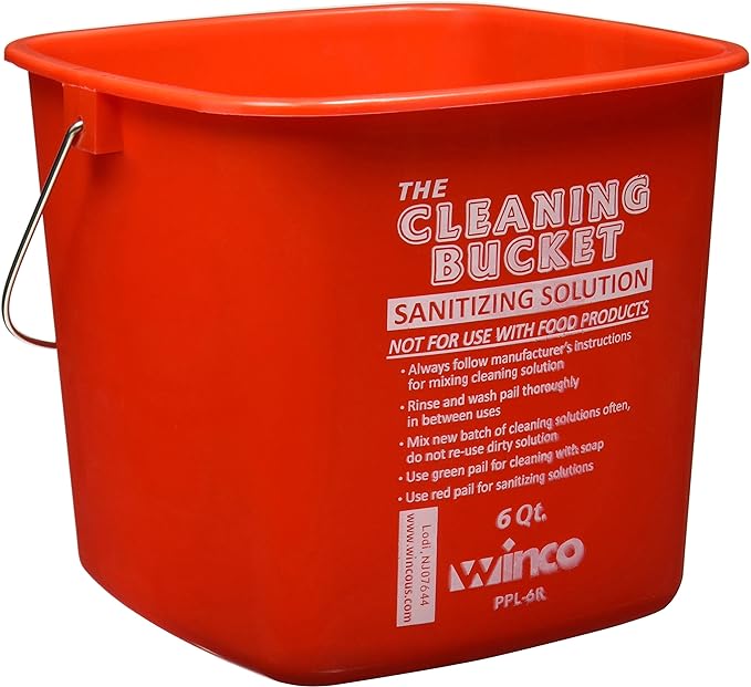Winco 6qt Cleaning Bucket, Red Sanitizing Solution