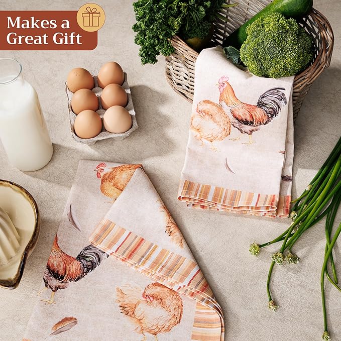 Maison d'Hermine Kitchen Towels Set of 2 100% Cotton 27.50" x 20" Reusable Cloth Tea Dish Towels Absorbent with Hanging Loop for Kitchen, Home, Dining, Cocktail Parties (Barnyard)