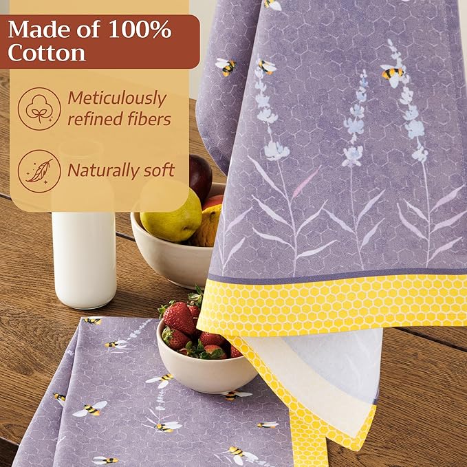 Maison d'Hermine Kitchen Towels Set of 2 100% Cotton 27.50" x 20" Reusable Cloth Tea Dish Towels Absorbent with Hanging Loop for Kitchen, Home, Dining, Cocktail Parties (Bees are Buzzing)