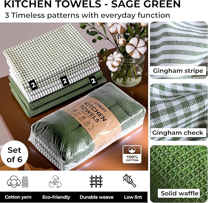 Cotton Dish Towels For Kitchen Drying - Highly Absorbent Sage Green Striped Gingham Plaid Tea Towels - 18"X28" Set Of 6 Farmhouse Linen Dishtowels In Bulk - Pano De Prato Para Cozinha - T Towles Towls