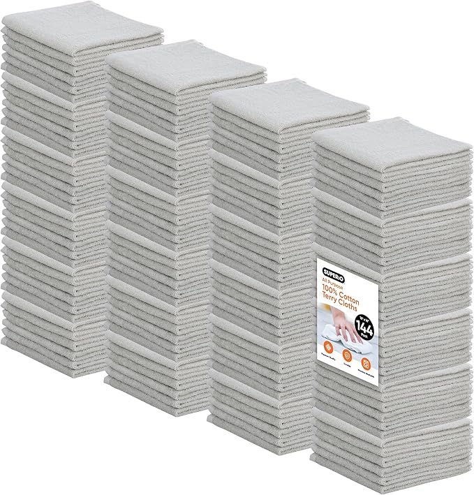Superio Cotton Terry Washcloths Grey Towels 100% Cotton Cleaning Cloth 16" Rags Wash Clothes for Body and Face, Spa Towels, Multi Purpose (16"x16"), 144 Pack