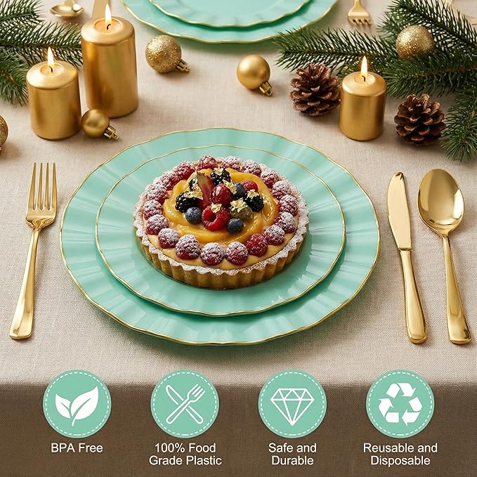 60Pcs Sage Green Plastic Plates, Ware Sage Green Disposable Plates with Gold Rim, Fancy Plastic Plate Include 30 Dinner & Dessert Plate for Easter Spring Wedding