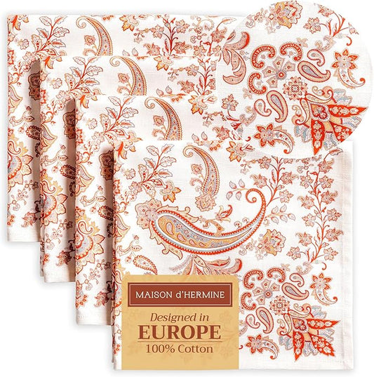 Maison d' Hermine Cloth Napkins Set of 4 100% Cotton for Thanksgiving Christmas Decorations Everyday Reusable Square Fall Napkins Cloth Washable Dinner Party (Cachemire, 20"x20")