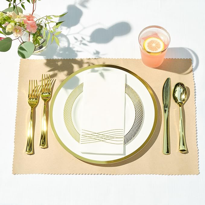 By Madee HEAVYWEIGHT Fancy Plastic Dinnerware Sets – White and Gold Disposable Plates, Premium Cutlery & Linen-Like Napkins | Elegant Disposable Dinnerware Set - 175 Pc for 25 Guests