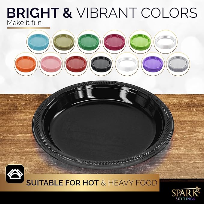 Amcrate Disposable Plastic Dinner Plates, Black, 10.4 Inches, Strong & Sturdy for Party, Dinner, Holiday, Picnic, Travel - Pack of 50