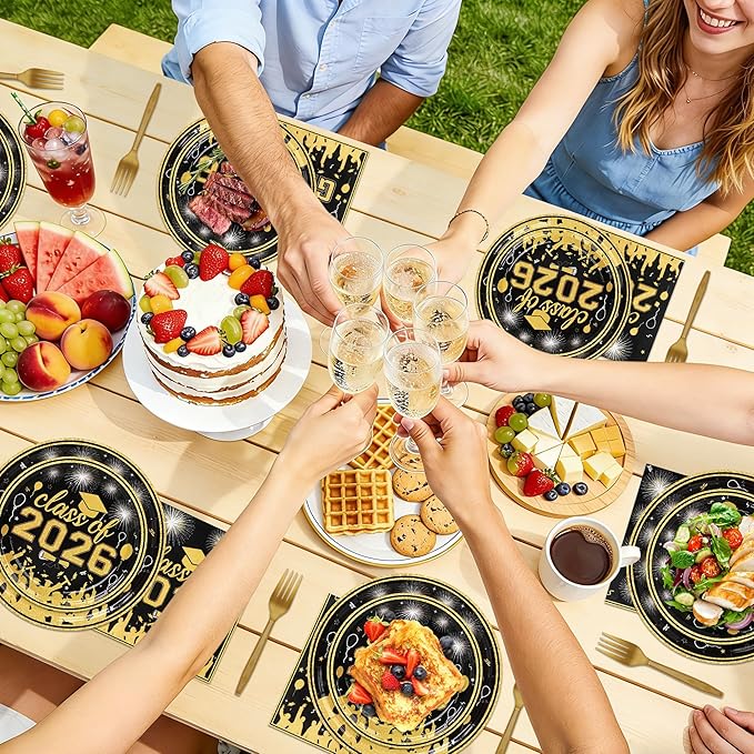 100 Pcs Graduation Plates and Napkins, 2026 Black Gold Graduation Disposable Plates and Napkins Party Supplies Set Serves 25, Black Gold Disposable Dinnerware Set for 2026 Decorations Grad Party