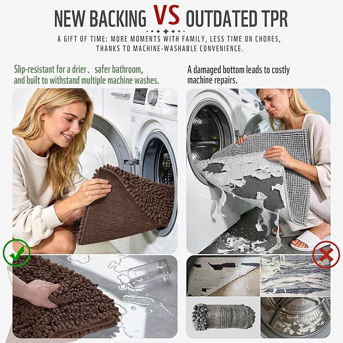 Yimobra Bathroom Rugs Non Slip Washable - Ultra Soft Absorbent Chenille Bath Mat, Quick Dry Shaggy Floor Carpet for Tub Shower, Brown Home Decor Accessories, 24x17 Inch