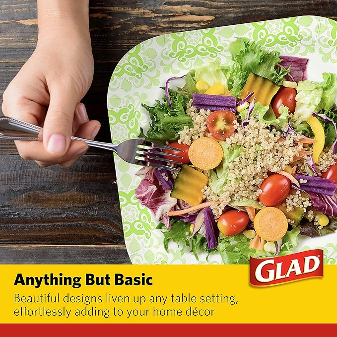 Glad Square Heavy Duty Paper Plates, Soak Proof and Cut Proof Disposable Plates for Parties and Everyday Meals, Microwaveable for Easy Serving, Green Victorian Pattern, 10 Inch, 50 Count