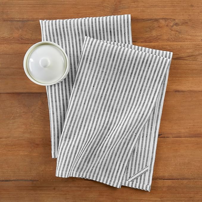 Solino Home Black and White Linen Kitchen Towels Set of 2-100% Pure Linen 17 x 26 Inch Narrow Stripe Tea Towels with Hanging Loop - European Flax Kitchen Dish Cloth - Quick Dry & Machine Washable