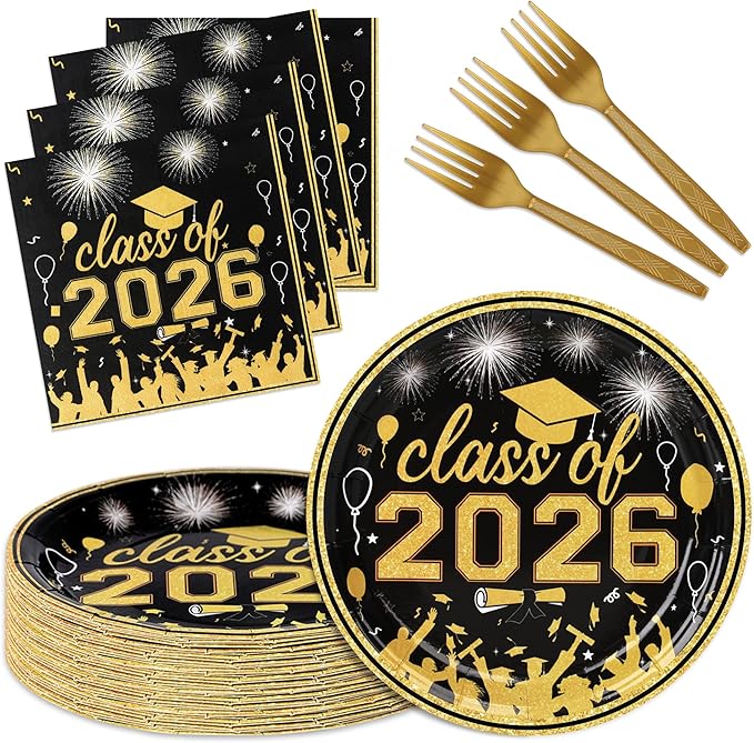75 Pcs Graduation Plates and Napkins Party Supplies Set,Serves 25 Guests Black Gold 2026 Graduation Plates and Napkins,Disposable Paper Tableware Set for Graduation Party Decorations