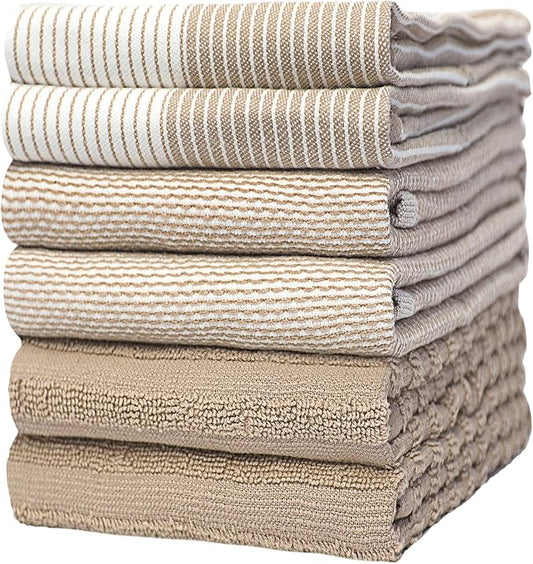 Premium Kitchen Towels (20”x 28”, 6 Pack) | Large Cotton Dish Towels | Flat & Terry Highly Absorbent Kitchen Linen Set with Hanging Loop | Tan
