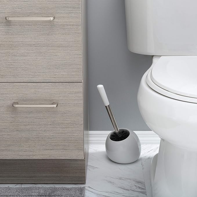 Bath Bliss Ceramic Dome Brush & Holder Set, Decorative, Modern, Freestanding, Heavy Duty Cleaning Toilet-Brushes, (Pack of 1), White