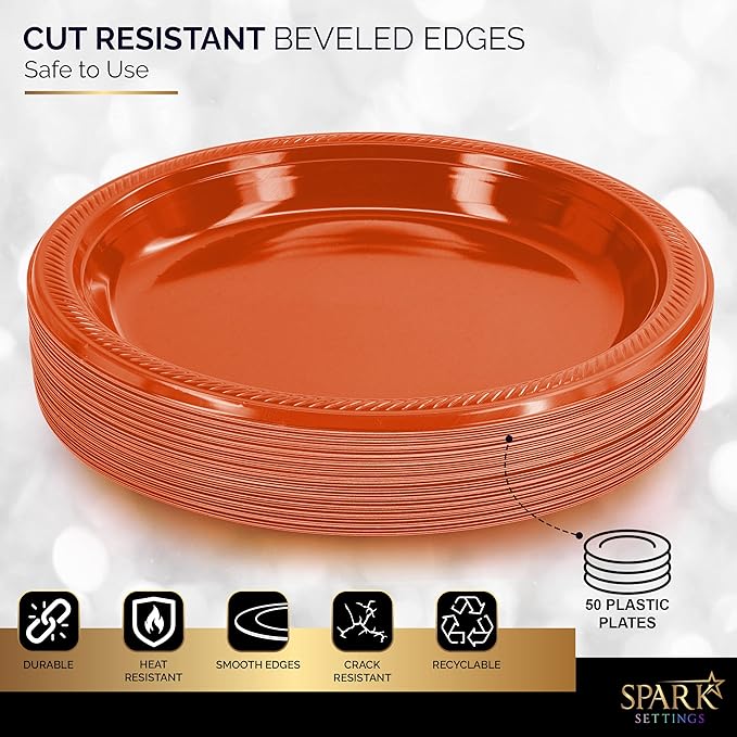 Amcrate Disposable Plastic Plates Orange, 10.4 Inches Plastic Dinner Plates, Strong and Sturdy Disposable Plates for Party, Dinner, Holiday, Picnic, or Travel Party Plates, Pack of 50