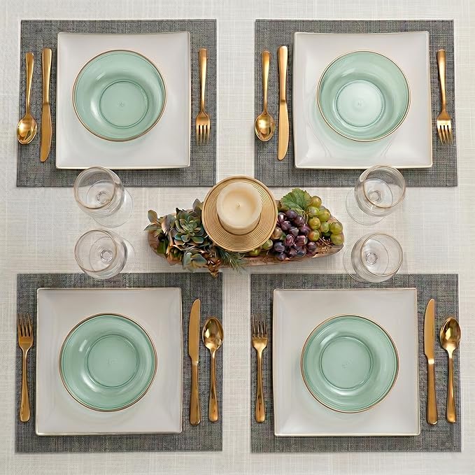 PLASTICPRO Plastic Party Plates Edge Collection Premium heavyweight Elegant Disposable Tableware Dishes (TRANSLUCENT GREEN WITH GOLD RIM, 16 OZ BOWLS)