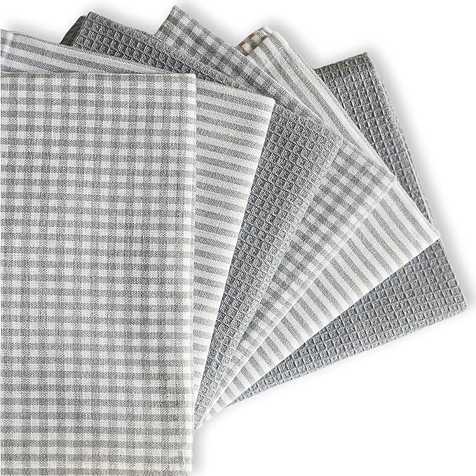 Cotton Dish Towels For Kitchen Drying - Highly Absorbent Light Gray Striped Gingham Plaid Tea Towels - 18"X28" Set Of 6 Farmhouse Linen Dishtowels In Bulk - Pano De Prato Para Cozinha - T Towles Towls