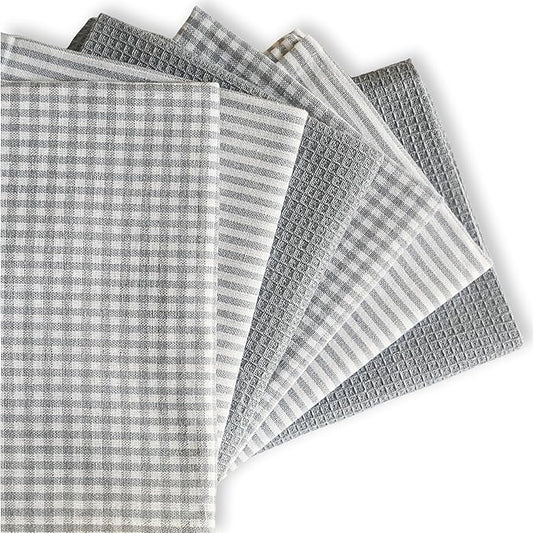 Cotton Dish Towels For Kitchen Drying - Highly Absorbent Light Gray Striped Gingham Plaid Tea Towels - 18"X28" Set Of 6 Farmhouse Linen Dishtowels In Bulk - Pano De Prato Para Cozinha - T Towles Towls