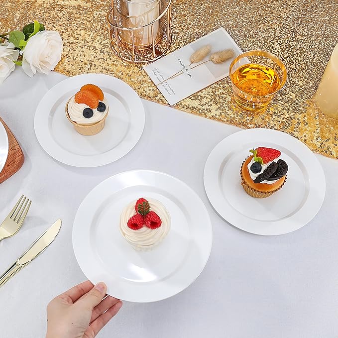 BESTVIP 100PCS 7 Inch White Plastic Dessert Plates, Disposable Plate for Appetizers, Small Cakes, Small Heavy Duty Disposable Plastic Plates for Parties, Wedding and Birthday