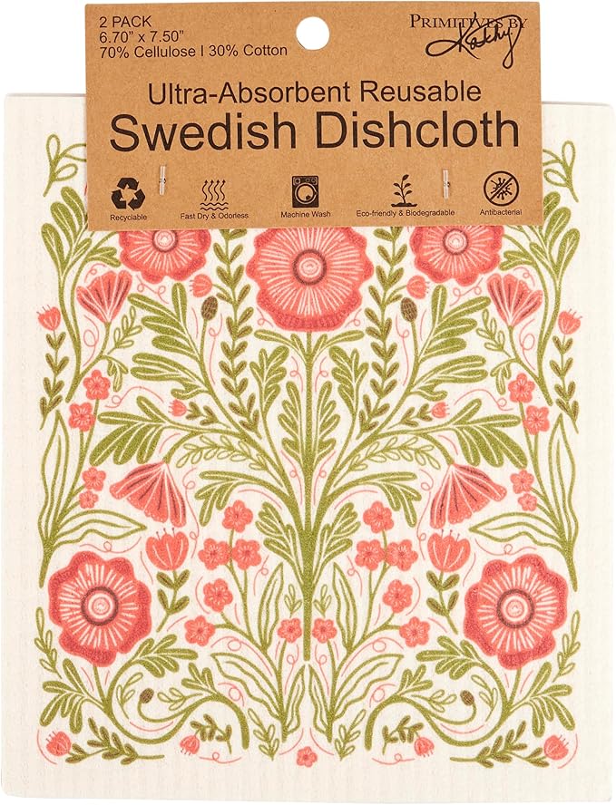 Primitives By Kathy Botanical Swedish Folk Art Dishcloth Set, Pink and Red Floral Pattern, 6.75 x 7.50 inches, 2-Pack