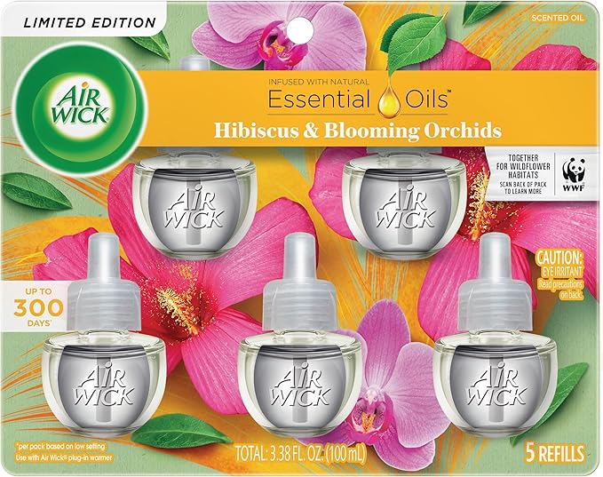Air Wick Plug in Scented Oil Refill, 5 ct, Hibiscus and Blooming Orchids, Air Freshener, Essential Oils, Spring Collection