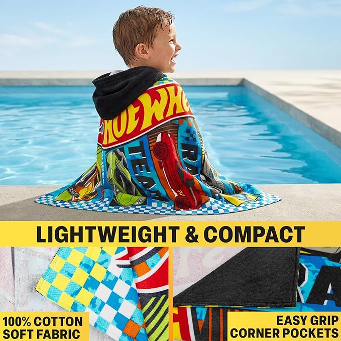 Get Trend Hot Wheels Cars Bath Towels with Hood for Boys, Ages 2-6, One Size Soft and Absorbent Hooded Cotton Beach Towel Wrap, Swimming Pool Poncho, Gifts for Boys (Multi Hot Wheels)